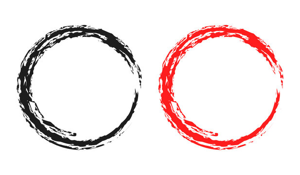 Thick black and red brush stroke circles isolated on white background. Vector heavy grunge round frames set with bold ink texture. Minimalist textured style circular design elements for commercial use