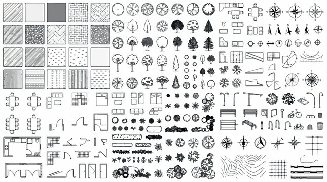 Architectural floor plan symbols and landscape design elements, black and white CAD vector set for site planning, furniture and tree top view icons isolated PNG with Transparent Background