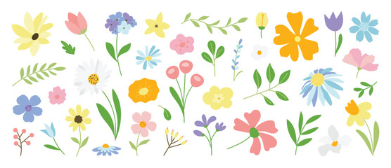 Obraz premium Spring flower vector elements set. Colorful flat floral clipart with wildflowers, leaves, blossoms and botanical stems for cards, invitations and nursery decoration.