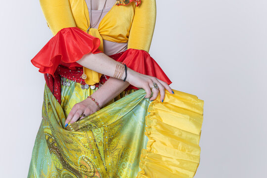 Gypsy Dancer in Vibrant Yellow Paisley Skirt and Top Set