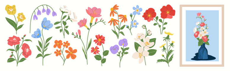 Obraz premium Spring flower vector elements set. Colorful flat floral clipart with wildflowers, leaves, blossoms and botanical stems for cards, invitations and nursery decoration.