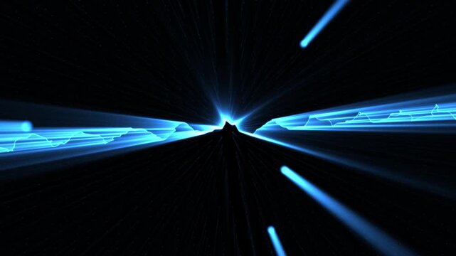 Futuristic blue light tunnel with glowing energy beams and speed lines. Abstract digital hyperspace background for technology and sci-fi themes.