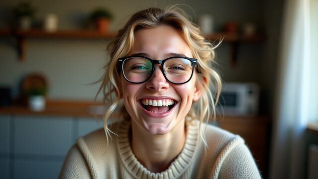 Indoors Girl with tousled iteration blonde hair in sweater and glasses smiles broadly Emotions people