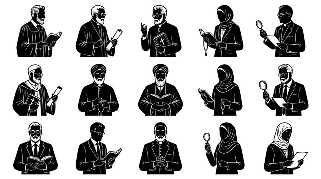 Religious Figures Black  White Line Art - Diverse Clergy Studying Books  Magnifying Glass