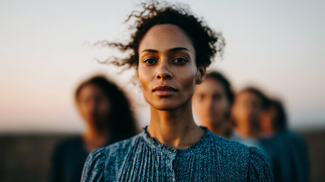 Group of women standing together in soft morning light, gentle wind moving their garments, natural candid moment of unity and shared strength, diverse group in modest clothing, cal