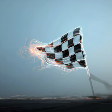 Checkered racing flag on pole with orange fire energy at finish line