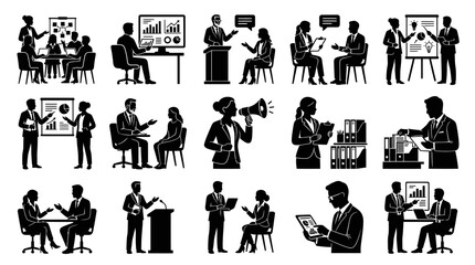 Obraz premium Business Professionals Corporate Meetings and Office Work Silhouette Glyph Vector Icons Set