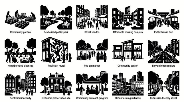 Urban Planning  Community Development Black  White Glyph Icons Set - City Life  Sustainability Concepts