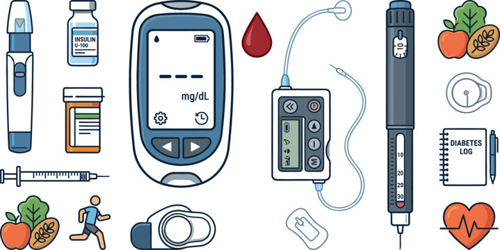 Diabetes care and glucose monitoring medical vector icon set with blood glucose meter, insulin pen, pump, syringe, test strip, and healthy lifestyle elements on white background.