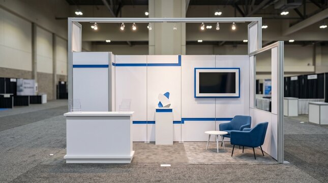 Modern trade show booth display with reception desk and seating area