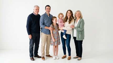 Fototapeta premium A happy multi-generational family portrait featuring grandparents, parents, and two young daughters smiling together against a clean white background.