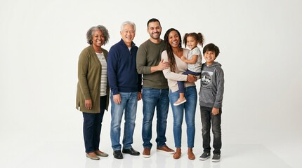 Obraz premium A happy multi-generational, multi-ethnic family of six, including grandparents, parents, and children, standing together and smiling on a white background.