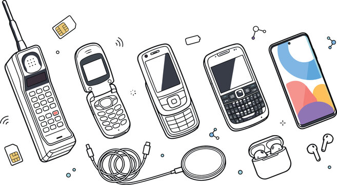 Evolution of mobile phones vector illustration set from vintage brick cell phone and flip phone to modern smartphone with wireless earbuds isolated on white background.