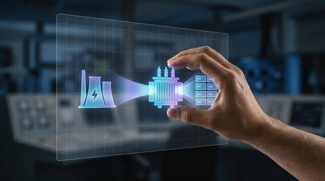 Physical Backbone of AI - A hand places a transformer between data centers with visible energy flow, highlighting a bottleneck in a clean, minimal interface.