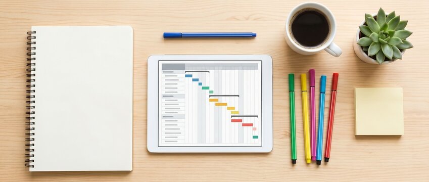 Top view of a professional business workspace with tablet showing a project management Gantt chart, notebook, and coffee on wooden table