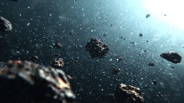 Cosmic asteroid field with floating rocks and particles against a dark background
