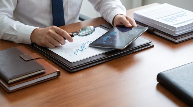 Professional businessman analyzing financial data and reports using a magnifying glass and digital tablet at office desk