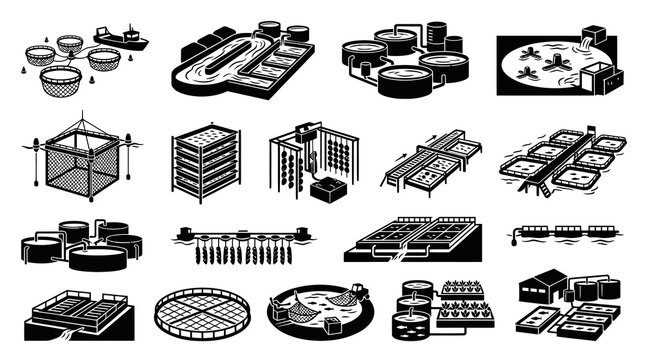 Aquaculture Farm Icons: Fish Farming Systems, Tanks, Cages, Ponds, Black  White Line Art