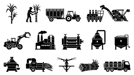 Obraz premium Sugarcane Production Process Glyph Icons Set. Agriculture, Harvesting, Factory Sugar Industry Symbols