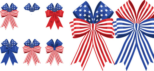 Fototapeta premium American Patriotic Red White and Blue Star Striped Ribbon Bow Icon Set for Independence Day Fourth of July and National Holiday Celebration Designs