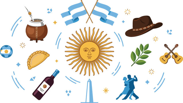 Argentina culture and traditional symbols vector illustration set featuring sun of may, national flags, mate drink, empanada, malbec wine, tango dancers, and gaucho hat isolated on white background.