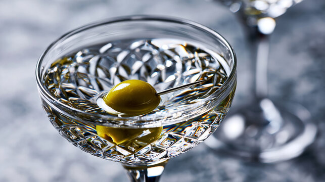 A crisp studio product photo of a clear, dry vermouth cocktail served in an elegant, thin-stemmed coupe glass. A single, vibrant green cocktail olive sits perfectly at the bottom o