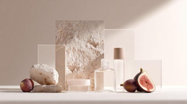 Natural skincare still life with glass bottles, figs and stone blocks for cosmetic product mockup, packaging, label and background design