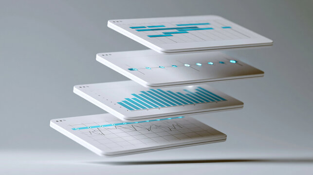 Cinematic 3D render of four floating UI panels in vertical stack formation, project management tool interface: horizontal gantt bar chart, milestone timeline strip, team workload b