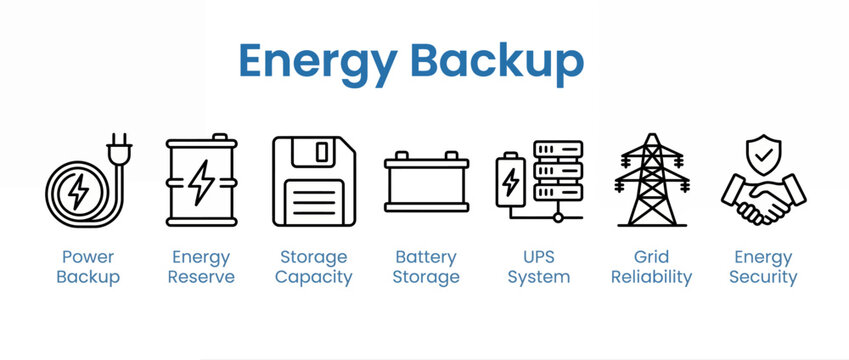 Energy backup icons set for power reliability and storage solutions
