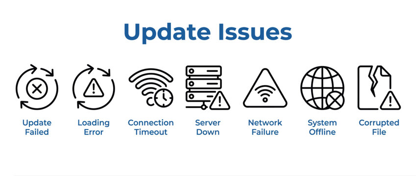 Set of update issues icons including update failed, loading error, connection timeout, server down, network failure, system offline, and corrupted file