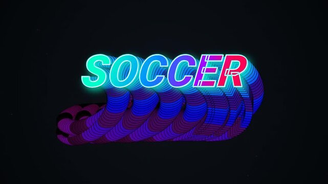 Dynamic retro futuristic digital cyber sport typography animation colorful neon glowing soccer text trail effect rotating over black background vibrant motion graphic design concept loop.