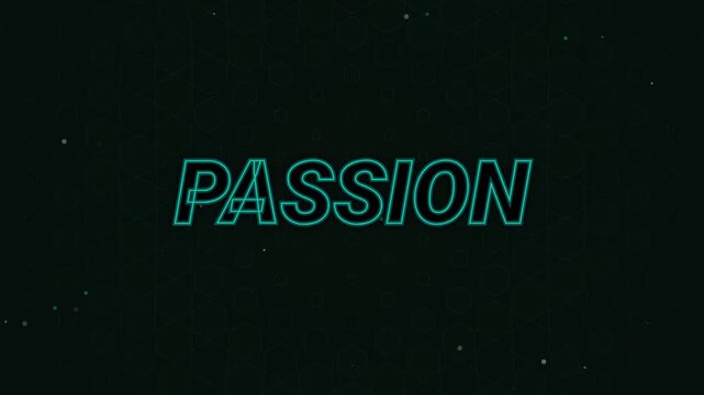 Digital futuristic sport motivation concept soccer passion play neon typography text animation flashing over dark hexagonal grid background with glowing particle visual graphic design loop.