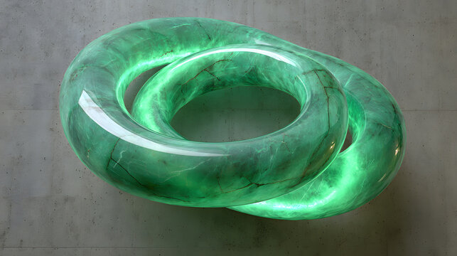 Translucent green abstract coil with glowing light, hyper realistic style, marble texture, modern art sculpture, futuristic design, creative energy, vibrant visual impact