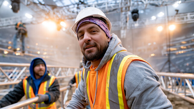 Wide angle candid photograph of stage crew assembling large concert stage scaffolding in empty arena, workers in high-visibility vests carrying truss sections, rigging technician w