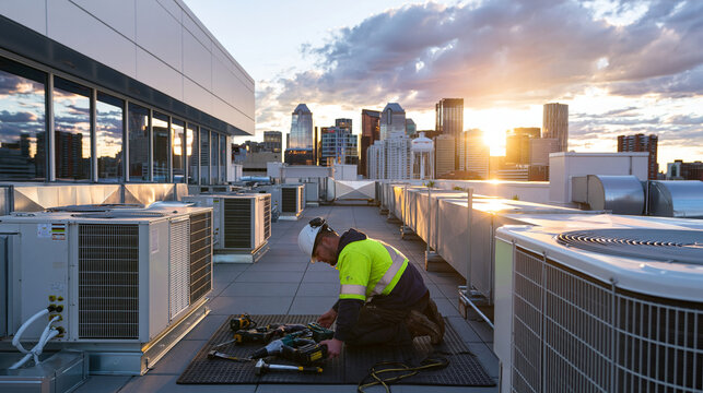 Editorial photograph of maintenance technician working on rooftop HVAC unit of modern commercial building, kneeling with professional tools spread on rubber mat, large city skyline