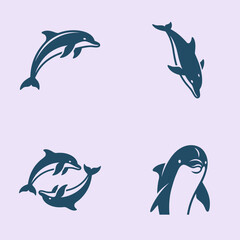 Obraz premium Collection of stylized dolphin icons and silhouettes in various swimming and jumping poses.