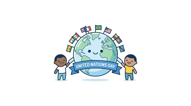 United Nations Day Celebration with Diverse Children and Global Flags