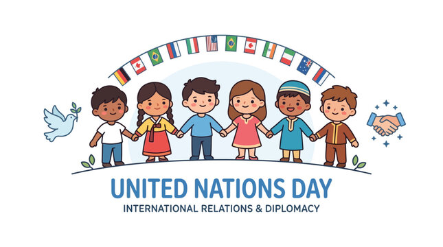 United Nations Day Celebration with Diverse Children and Global Flags