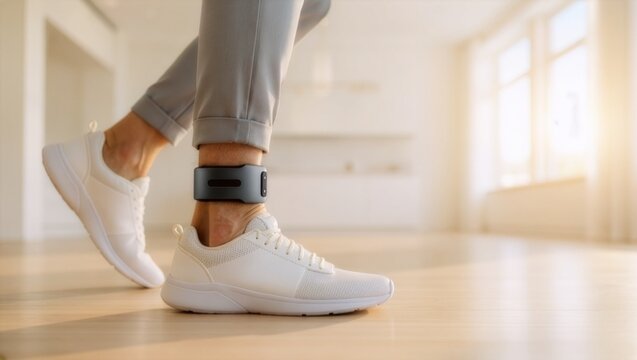 A close-up of a person wearing white sneakers and trousers with a black electronic ankle tracker indoors, symbolizing house arrest, law enforcement monitoring, or wearable tech.