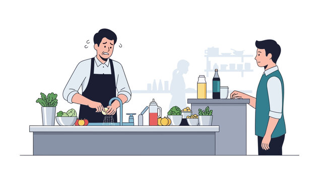 Chef washing vegetables in sink, preparing food in kitchen with assistant