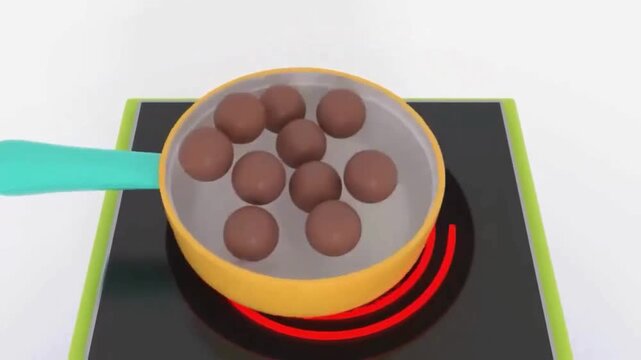 3D animated toy kitchen stove, boiling pan changing color to orange for kids