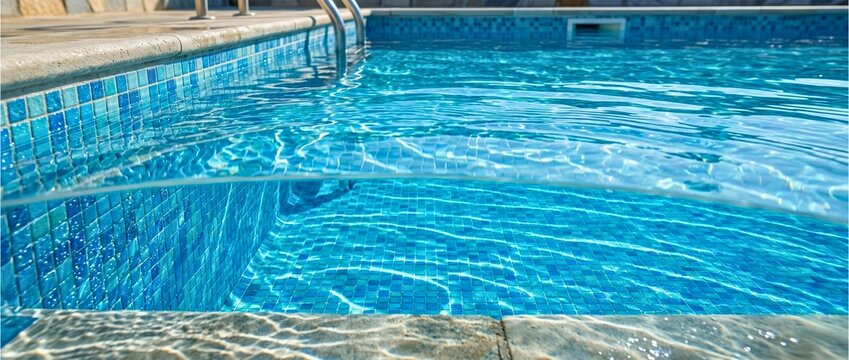 Recreational artwork showing pool with shimmering reflections, blue mosaic tiles, and metal ladder at stone edge