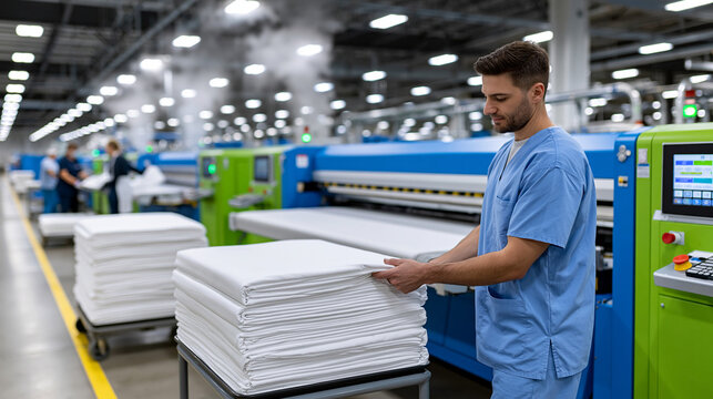 Wide editorial photograph inside large hospital laundry facility, workers feeding bed linens into industrial flatwork ironer machine, stacks of folded white sheets on rolling carts
