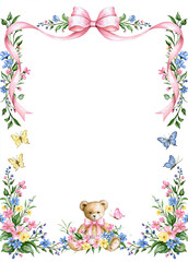 Fototapeta premium A charming floral border with a teddy bear and butterflies, perfect for invitations or stationery.