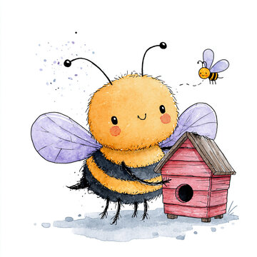 A charming watercolor illustration of a cute, fluffy bumblebee with purple wings standing next to a small red birdhouse, with another tiny bee flying in the background.