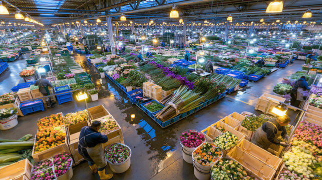 Editorial documentary photograph inside wholesale flower market warehouse at 5am, florist workers unboxing fresh cut flower shipments from cardboard crates, buckets of roses and tr