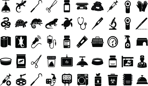 Comprehensive set of various black vector icons depicting exotic reptile veterinary care medical tools and laboratory equipment isolated for professional clinical use on transparent background