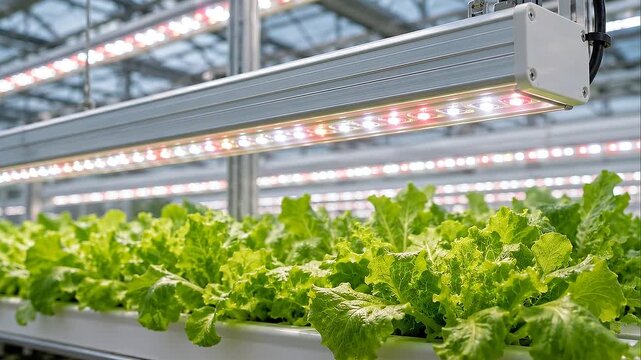Sustainable greenhouse technology LED grow light hydroponic lettuce rows indoor farming modern agriculture controlled environment hydroponic lettuce