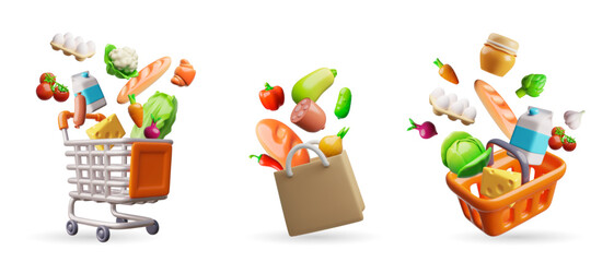 Realistic shopping basket, cart and bag with food 3D plastic style vector set, cartoon grocery market purchase container © sabelskaya