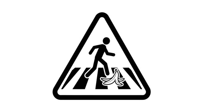 Pedestrian crossing caution sign with banana peel symbol
